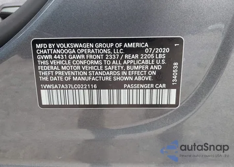 2020 Volkswagen Passat 2.0T Se z USA, uszkodzony, nr VIN 1VWSA7A37LC022116